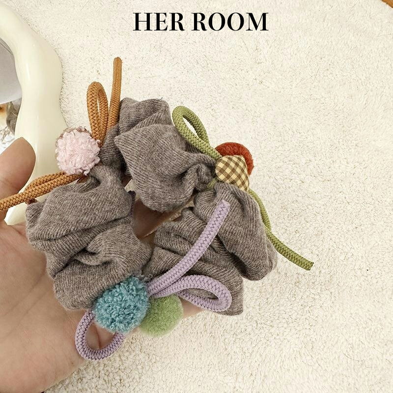 森系クラフト ブラウンニットスクランチー パステルポンポン チェックチャーム マルチコードリボン 20 代レディース 日常カジュアル 通勤アクセ 自己へのご褒美...