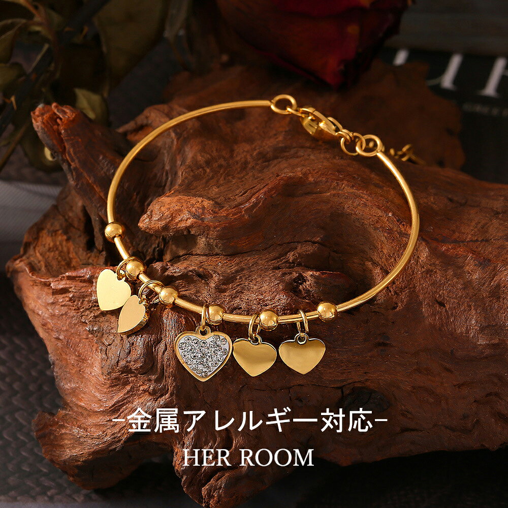 【無料ギフトラッピング】ハート バングル ゴールド 細い チャーム ブレスレット つけっぱなし 金属アレルギー ステンレス 18kコーティング レディース ブレ...