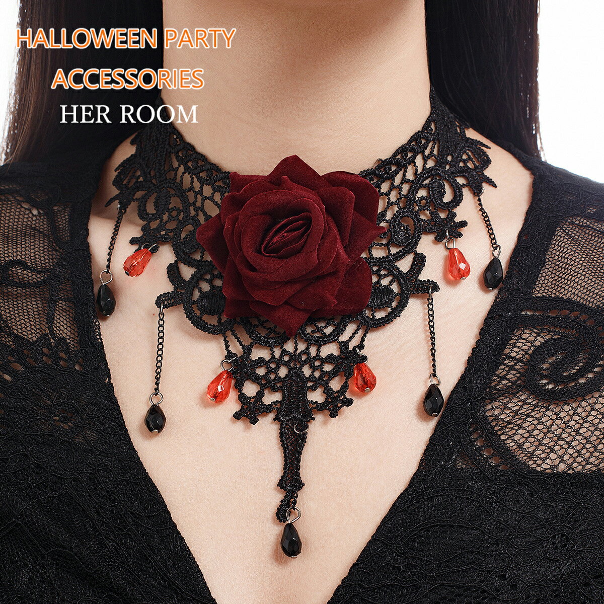 ハロウィン チョーカー 薔薇 ローズ ネックレス レース レディース ゴシック ロリータ に刺繍 アクセサ..