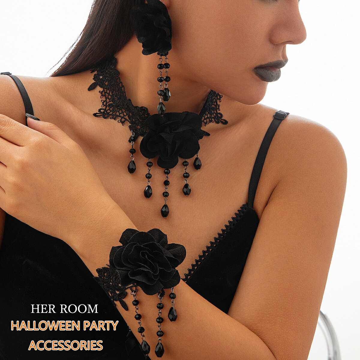ハロウィン チョーカー 薔薇 ローズ ネックレス+ブレスレット+ピアス 3点セット レース レディース ゴ..