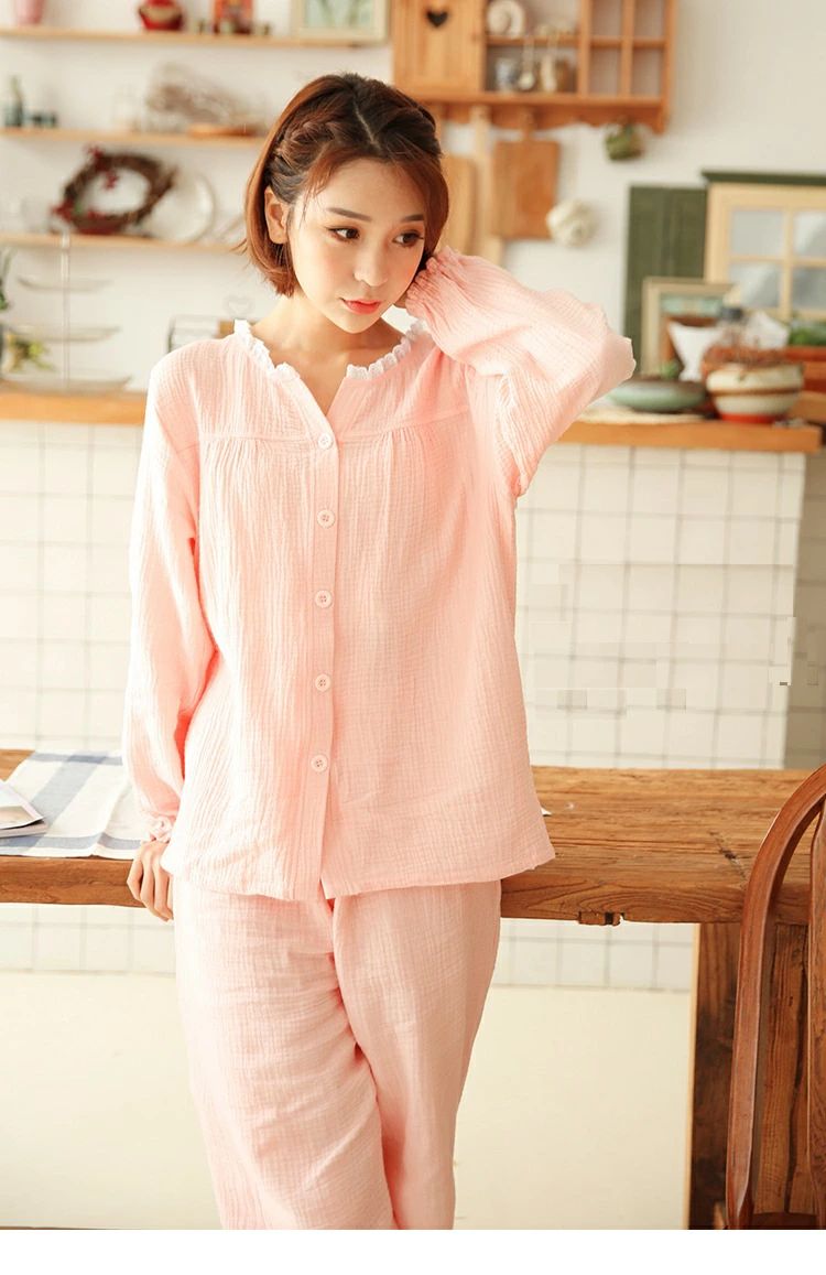 パジャマ レディース 綿100 二重 ガーゼ 長袖 前開き 上下 セット 韓国風 ロングズボン ルームウエア 部屋着 可愛い シンプル 冷房対応