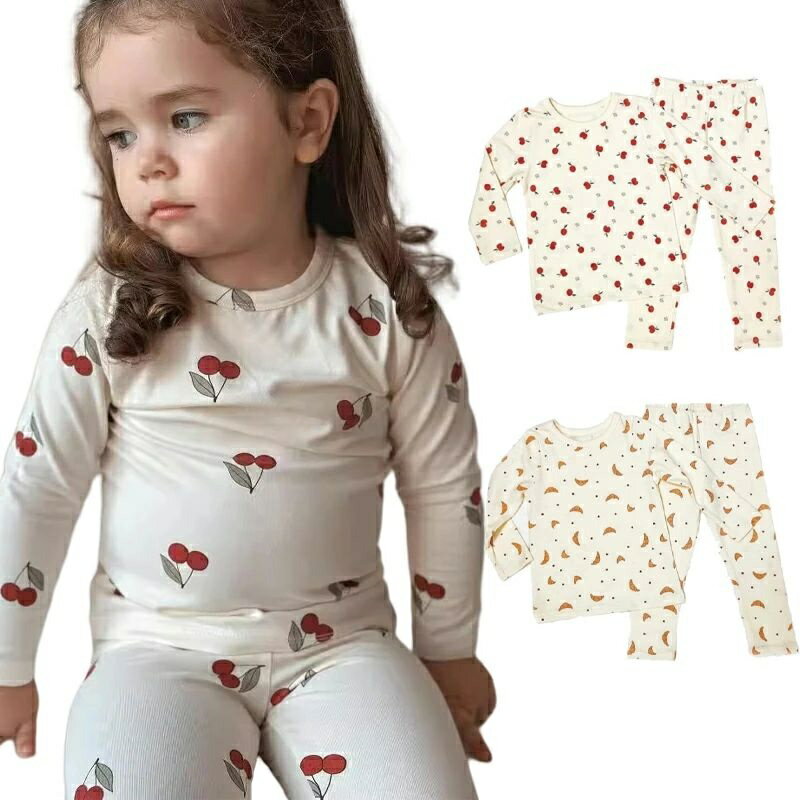 送料無料 キッズ パジャマ ベビーパジャマ サクランボ リンゴ 北欧 綿 95％ 長袖 上下セット 春秋冬用 女の子 男の子 ルームウェア 子供