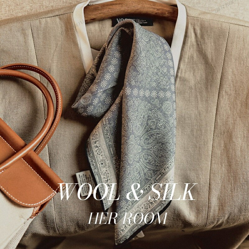 Silk - 【 65×65cm 】シルクスカーフ シルク ウール 混紡 オールシーズン 小さめスカーフ 正方形 上品 アクセサリー 大人気 おしゃれ 光沢感 天然素材 首元 バッグスカーフ おしゃれ 通勤 母の日 プレゼント ギフト