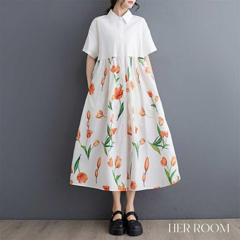 ワンピース レディース モード 切替 花柄 シャツワンピース 半袖 夏 春 Aライン マキシ ロングワンピース 大きいサイズ 原宿 モード系 大人可愛い モダン ゆったり ロングワンピ 個性的 体型カバー お洒落 きれいめ カジュアル おしゃれ 30代 40代 50代 3