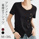 Tシャツ レディース ペンタゴンネック 半袖 カットソー 春夏 夏 アシンメトリー トップス ティーシャツ 夏服 きれいめ インナー カジュアル おしゃれ 着回し ブラック ワインレッド ホワイト ボタン クロップド丈 綿 コットン 通気 大きいサイズ シワになりにくい