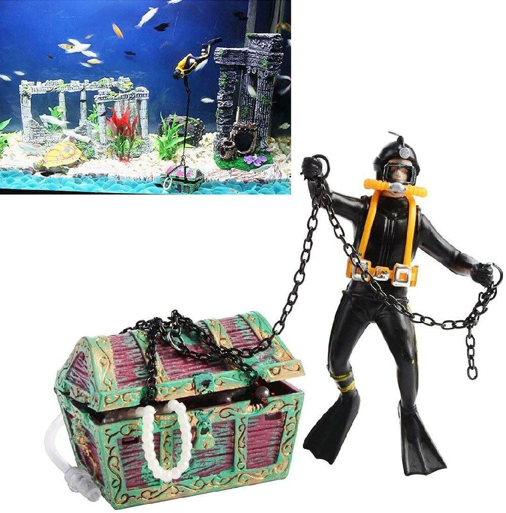 宝箱 アクアリウム 飾り 水槽 ブラック オーナメント エアーポンプ 接続可 オブジェ レイアウト 内装 熱帯魚 観賞魚 人工