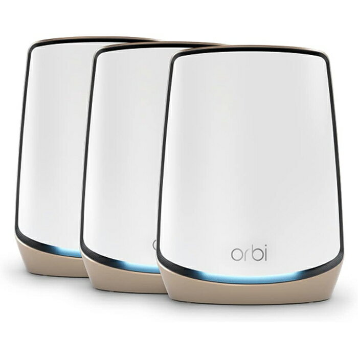 NETGEAR Orbi WiFi6 AX6000 メッシュWiFi 3台セット 商品モデル番号 RBK863S-100JPS 【Orbi WiFi6】Orbi WiFi 6 AX6000 トライバンド メッシュWiFi システム 3台セット (ルーター+サテライト2台: 合計3台) 【トライバンド WiFi 6】2つの5GHz帯の両方がWiFi 6対応で、WiFi速度は2402Mbps+2402Mbps+1147Mbps。3台セットで753m2をカバー。 【10GWAN】ルーターには10G WANポートを搭載しており、10ギガネット回線を活用できます。その他にもギガビットLANポート×4搭載で有線デバイスの接続にも便利。 便利なOrbiアプリ 設定の確認や変更もOrbiアプリから簡単。NETGEAR Armorのセキュリティ設定もアプリで管理できます。合計8本のアンテナを最適な位置に配置 8本の独自設計アンテナを搭載。アンテナは最適な向きに配置されているため、調整不要で、遠くまで電波を安定して送信します。