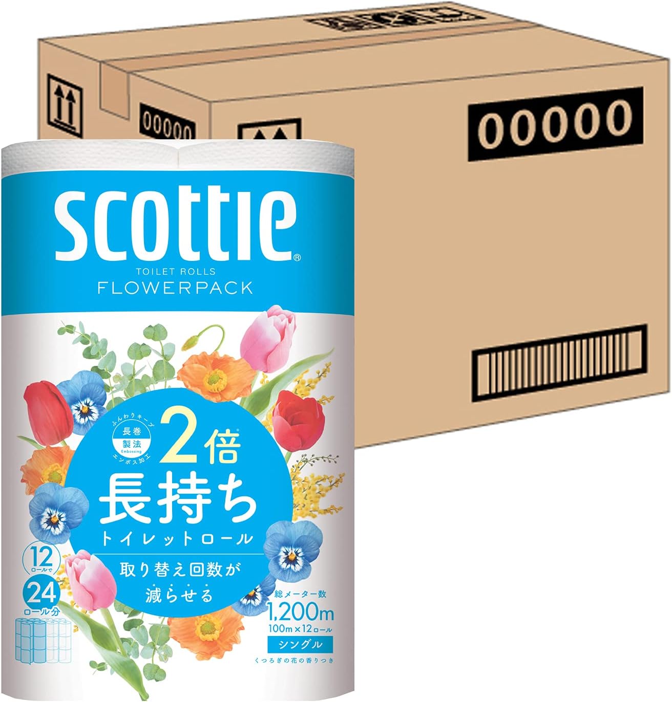 樂天商城 - 【ケース販売】 スコッティ フラワーパック 2倍巻き(12ロールで24ロール分) トイレット 100mシングル ホワイト ×4パック入り