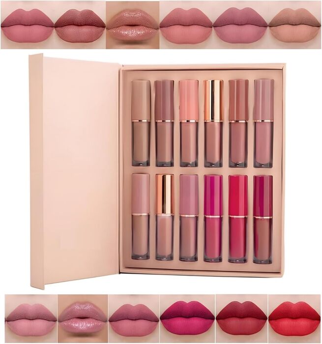 12色マットヌード口紅セットベルベットのような長持ちノンスティックカップ液体口紅ノンスティックカッ..