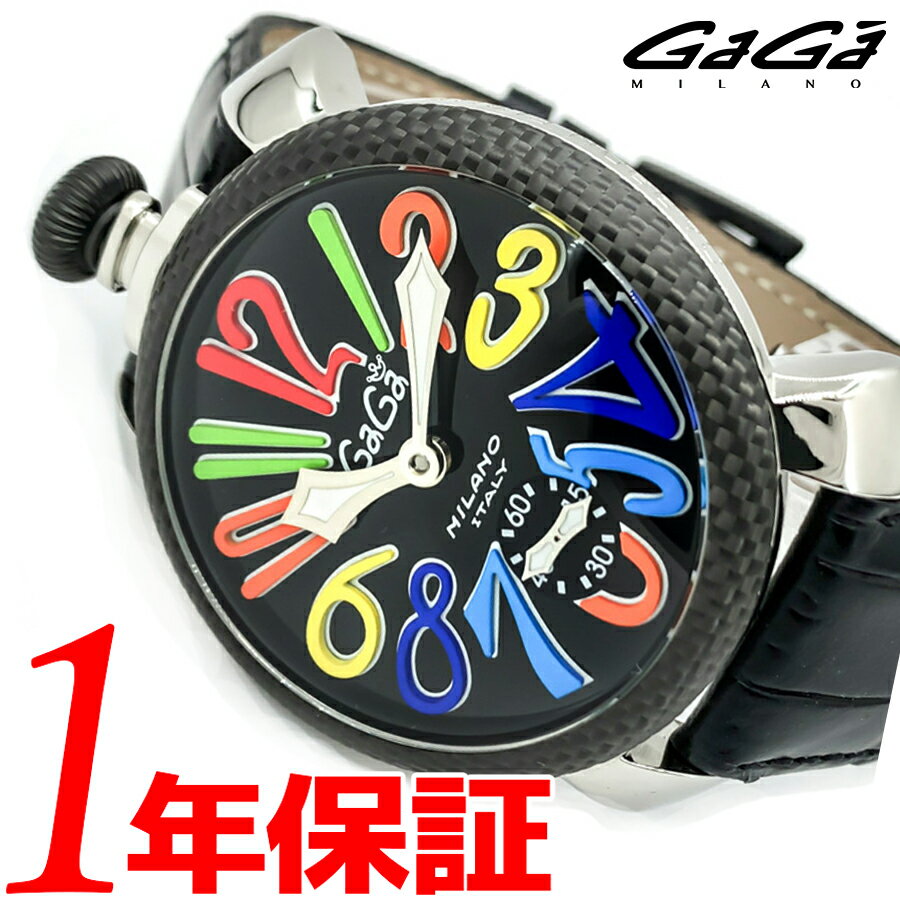 あす楽 送料無料 GAGAMILANO マヌアーレ 48mm メンズ 手巻き 腕時計 ラウンド 日常生活防水 カーフレザー スモールセコンド カーボンファイバーケース ブラック マルチカラー 5015.1s