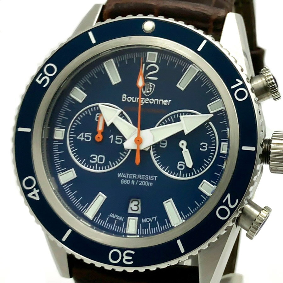 【あす楽 送料無料】【ベルト2本セット】【当店限定クロコ型押しレザーベルト付属】【純正ステンレスベルト】Bourgeonner ブルジョネウォッチ メンズ 男性 クオーツ 腕時計 20気圧防水 多針アナログ クロノグラフ デイトカレンダー ストップウォッチ 蓄光加工 BG-001BL