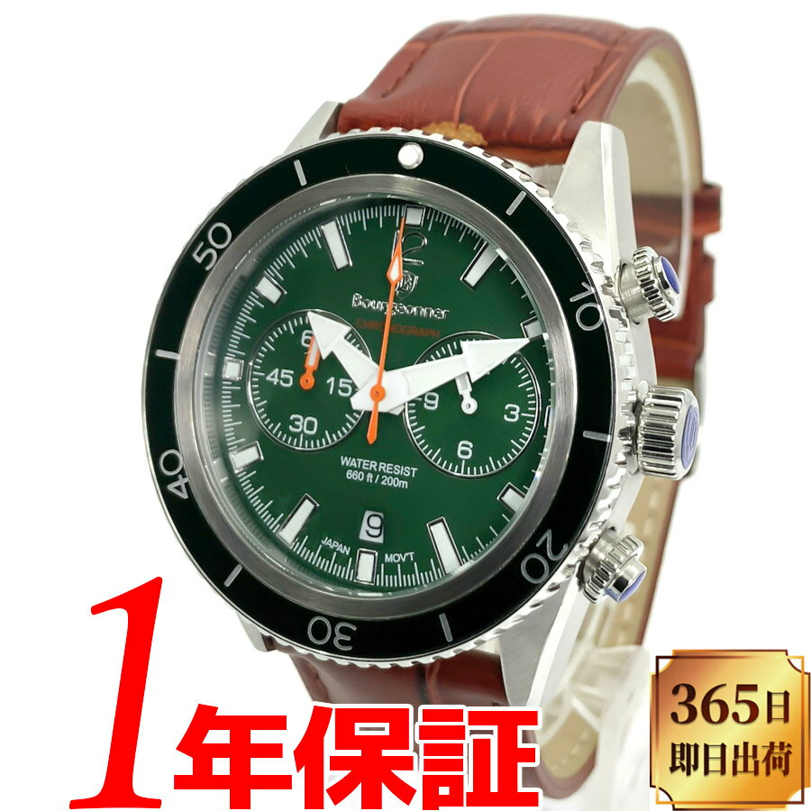 樂天商城 - 【あす楽 送料無料】【ベルト2本セット】【当店限定クロコ型押しレザーベルト付属】【純正ステンレスベルト】Bourgeonner ブルジョネウォッチ メンズ 男性 クオーツ 腕時計 20気圧防水 200m防水 アナログ クロノグラフ デイトカレンダー ストップウォッチ 蓄光加工 BG-001GN