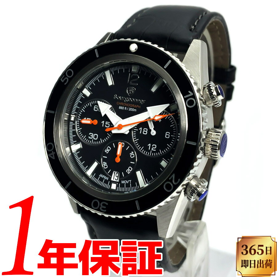 【あす楽 送料無料】【ベルト2本セット】【当店限定クロコ型押しレザーベルト付属】【純正ステンレスベルト】Bourgeonner ブルジョネウォッチ メンズ 男性 クオーツ 腕時計 20気圧防水 200m防水 多針アナログ クロノグラフ デイトカレンダー ストップウォッチ BG-002BK