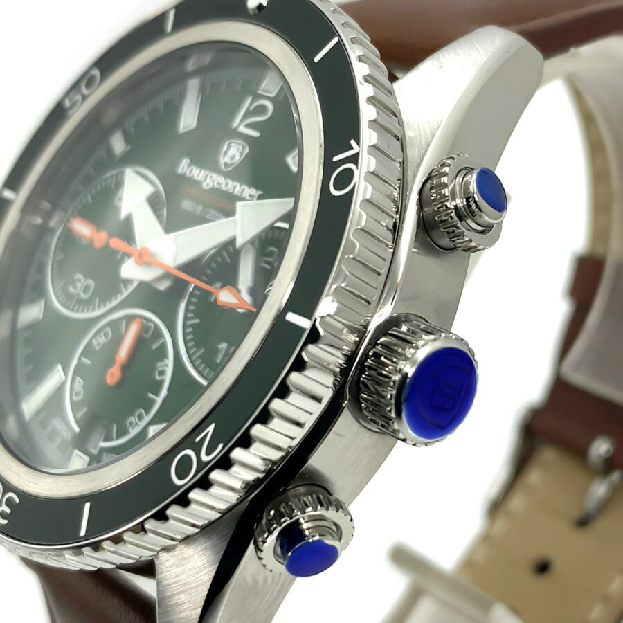 【あす楽 送料無料】【ベルト2本セット】【当店限定ワックスソフトレザーベルト付属】【純正ステンレスベルト】Bourgeonner ブルジョネウォッチ メンズ 男性 クオーツ 腕時計 20気圧防水 200m防水 多針アナログ クロノグラフ カレンダー ストップウォッチ 蓄光加工 BG-002GN