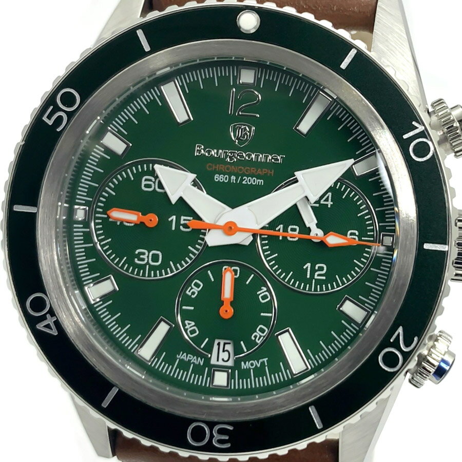 【あす楽 送料無料】【ベルト2本セット】【当店限定ワックスソフトレザーベルト付属】【純正ステンレスベルト】Bourgeonner ブルジョネウォッチ メンズ 男性 クオーツ 腕時計 20気圧防水 200m防水 多針アナログ クロノグラフ カレンダー ストップウォッチ 蓄光加工 BG-002GN