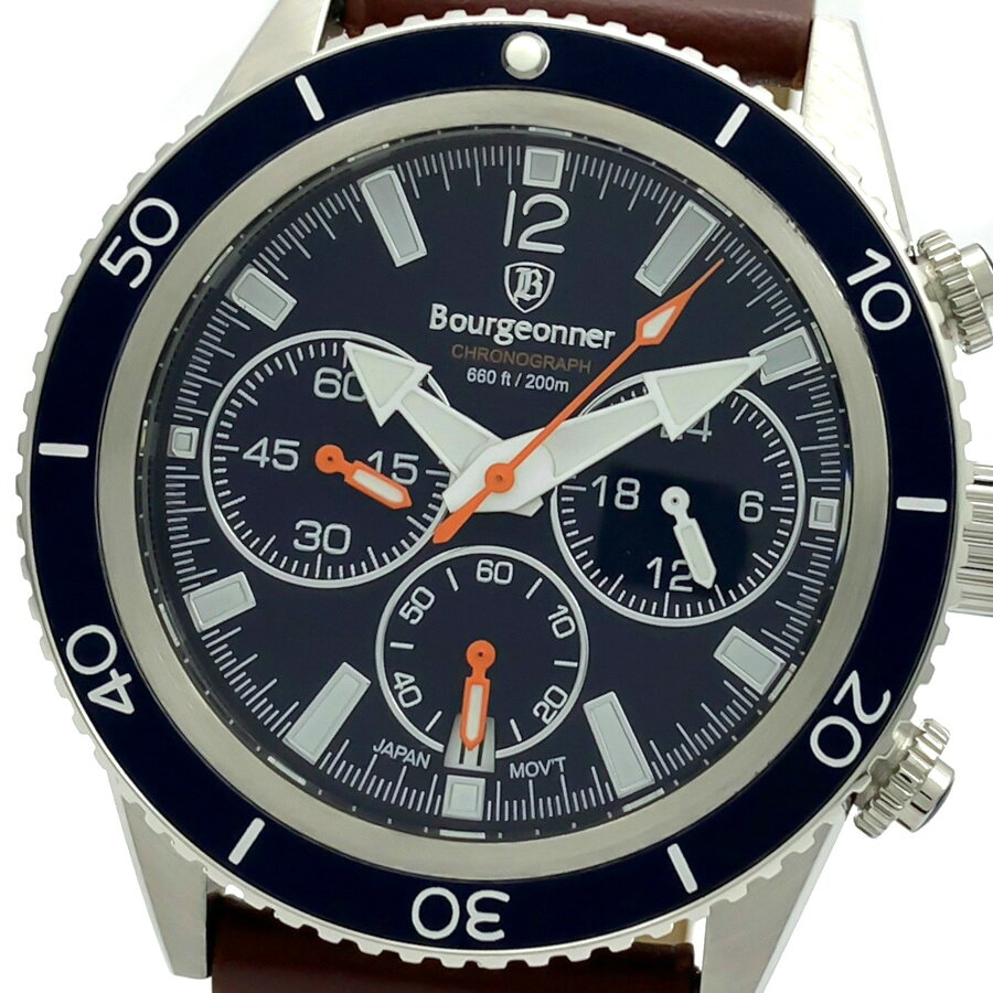 【あす楽 送料無料】【ベルト2本セット】【当店限定オイルレザーベルト付属】【純正ステンレスベルト】Bourgeonner ブルジョネウォッチ メンズ 男性 クオーツ 腕時計 20気圧防水 200m防水 多針アナログ クロノグラフ デイトカレンダー ストップウォッチ 蓄光加工 BG-002NB
