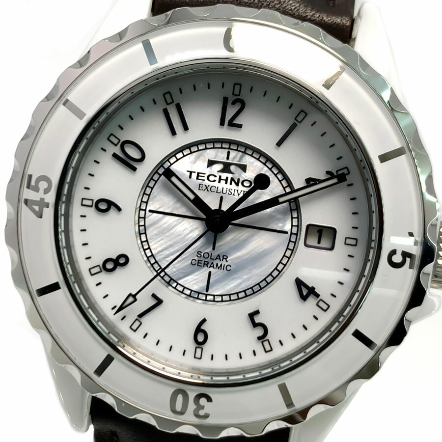【あす楽 送料無料】【ベルト2本セット】【当店限定ワックスソフトレザーベルト】【純正セラミックベルト付属】TECHNOS テクノス EXCLUSIVE エクスクルーシブ レディース ソーラー 腕時計 3気圧防水 セラミック アナログ デイトカレンダー 電池交換不要 TE9002TW