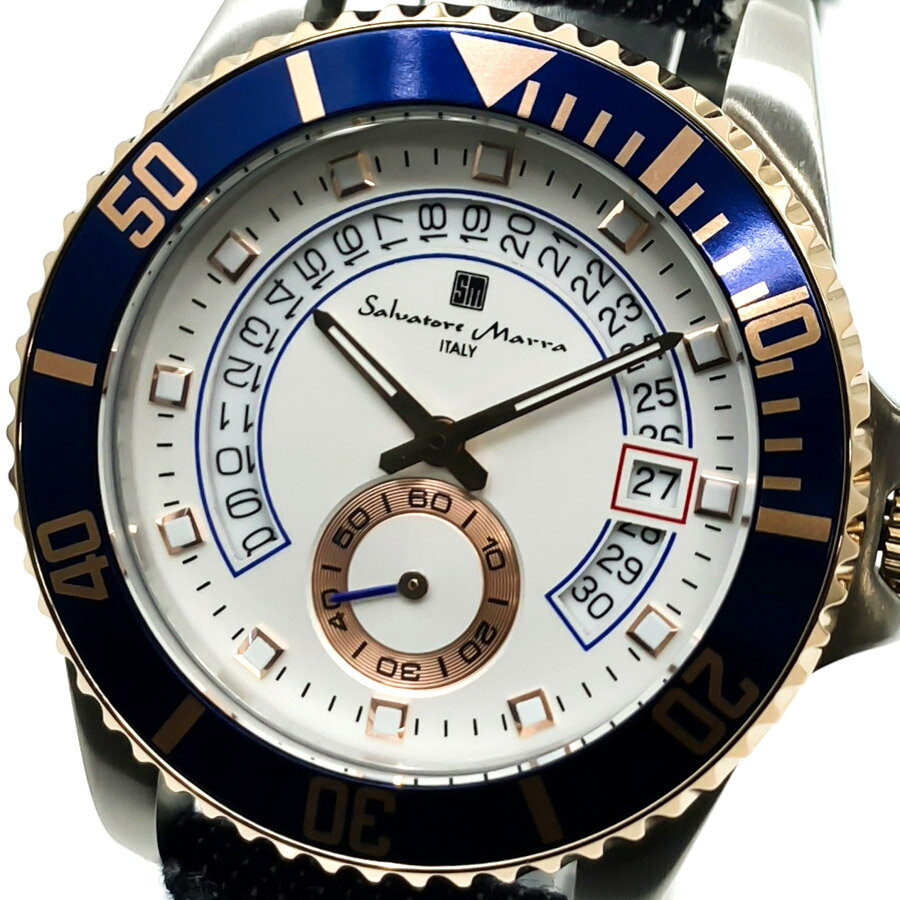 【あす楽 送料無料】【ベルト2本セット】【当店限定岡山デニムベルト付属】【純正ステンレスベルト】SALVATORE MARRA サルバトーレマーラ メンズ クオーツ 腕時計 5気圧防水 アナログ デイトカレンダー スモールセコンド 回転ベゼル 蓄光インデックス SM22107-SSWHBL/PG