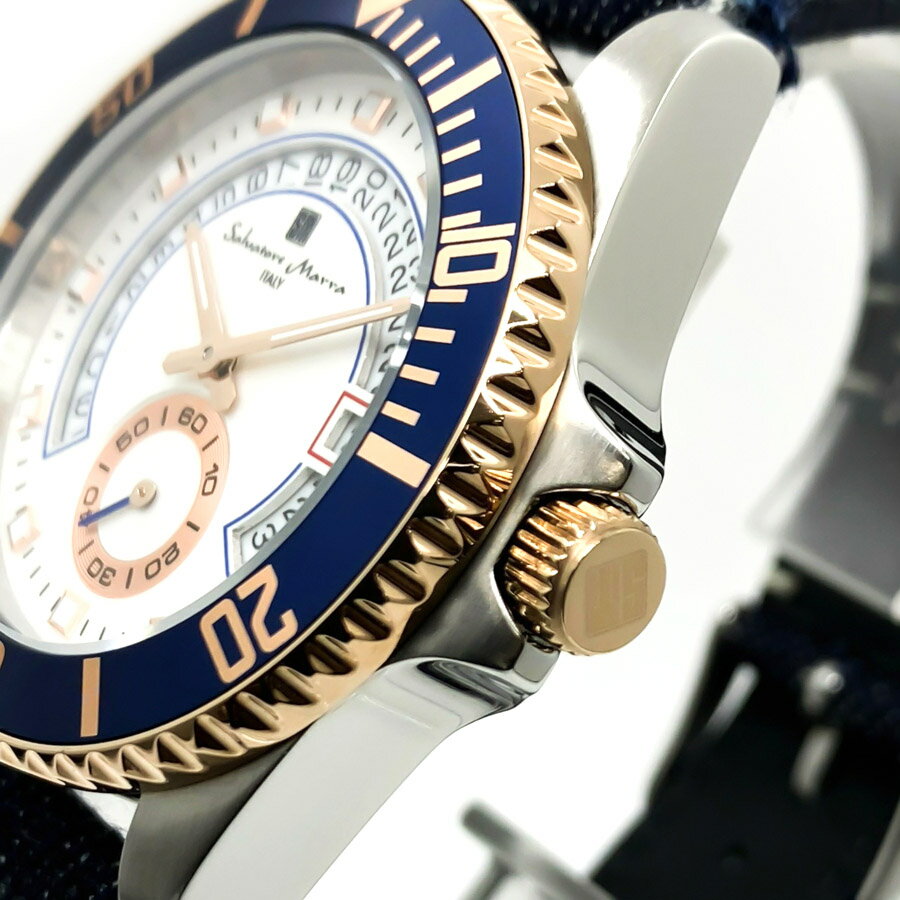 【あす楽 送料無料】【ベルト2本セット】【当店限定岡山デニムベルト付属】【純正ステンレスベルト】SALVATORE MARRA サルバトーレマーラ メンズ クオーツ 腕時計 5気圧防水 アナログ デイトカレンダー スモールセコンド 回転ベゼル 蓄光インデックス SM22107-SSWHBL/PG