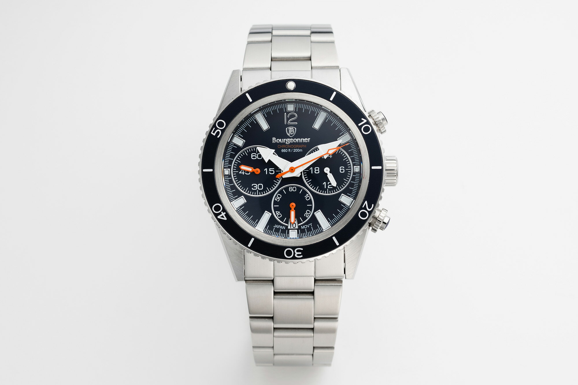 【当店限定】BOURGEONNER ブルジョネ メンズ クオーツ 日本製 セイコー社製ムーブメント 腕時計 ラウンド 200M防水 660FT ダイバーズ アナログ クロノグラフ ねじ込みリューズ ダイバーズ 回転ベゼル ネイビー 紺 おしゃれ かっこいい BG-002NB