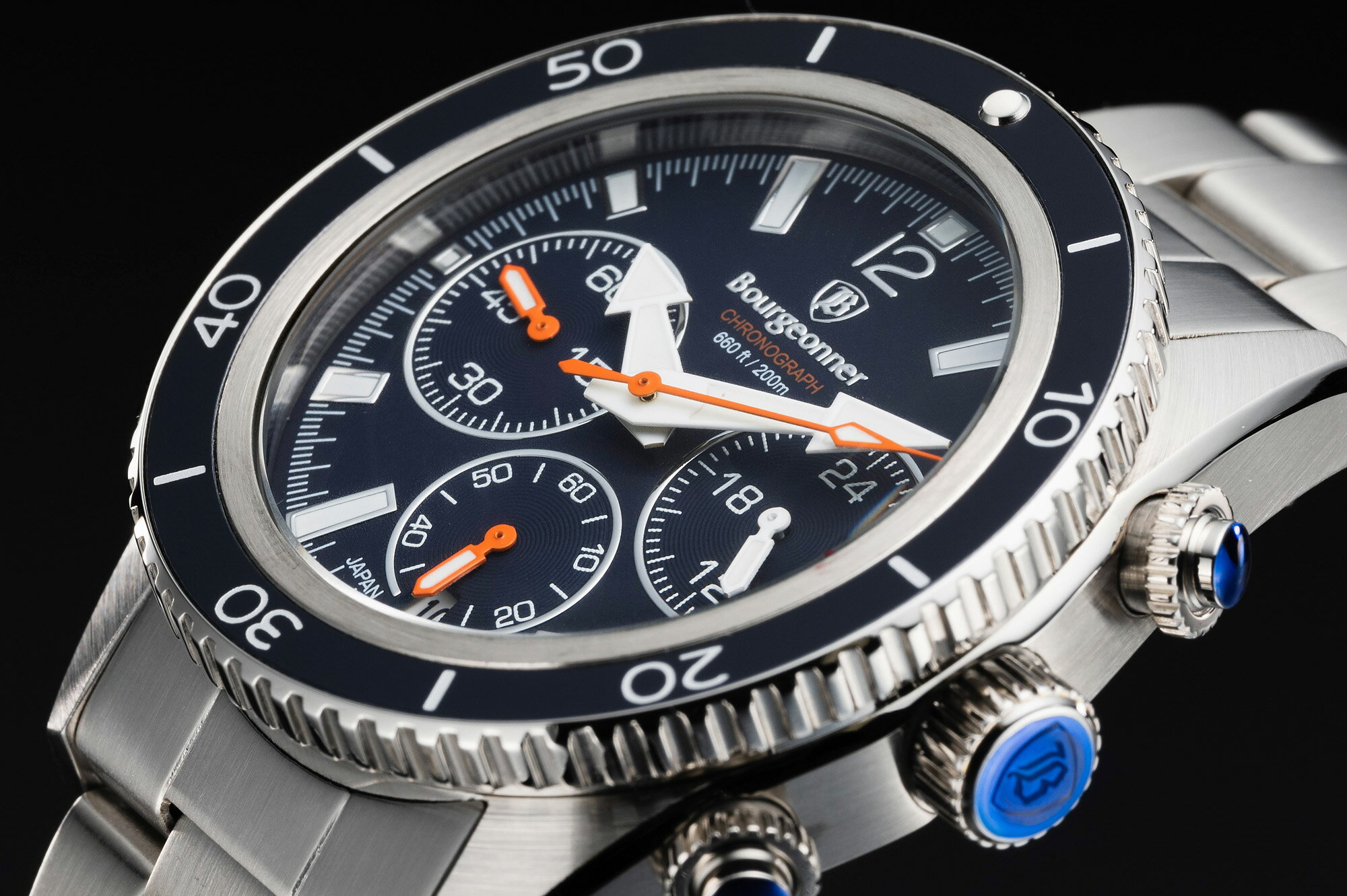 【当店限定】BOURGEONNER ブルジョネ メンズ クオーツ 日本製 セイコー社製ムーブメント 腕時計 ラウンド 200M防水 660FT ダイバーズ アナログ クロノグラフ ねじ込みリューズ ダイバーズ 回転ベゼル ネイビー 紺 おしゃれ かっこいい BG-002NB