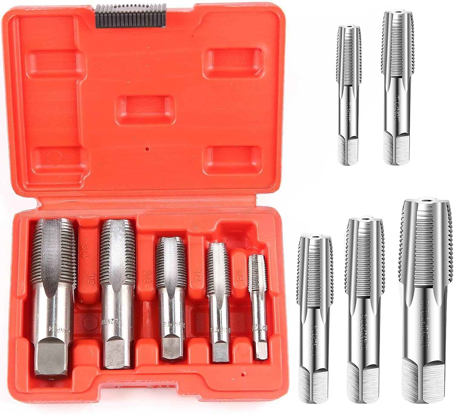 ziyue 管用 ねじ修復NPTタップ 5個セット 管用タップ 3/4 1/2 3/8 1/4 1/8 ねじ切りタップ 高炭素鋼 耐久性 パイプ内ねじ修復用 パイプタップ ネジ山補修キット 専用収納ケース付き