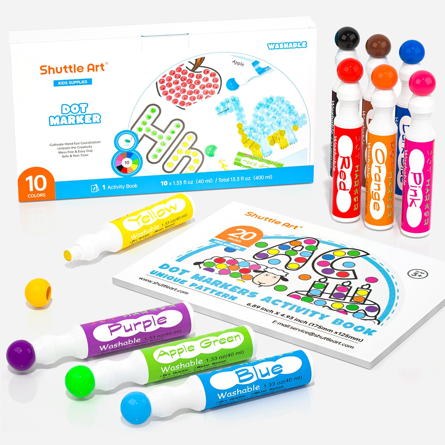 【送料無料】Shuttle Art ドットマーカーペン 10色セット 40ml 水性 水で洗える 子供用
