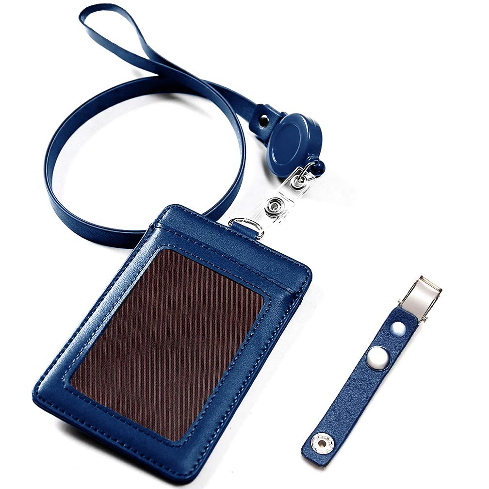 【送料無料】ネームホルダー、VIAKY id カードホルダー レザー パスケース 伸縮リール式 ネックストラップ バンドクリップ 付き 社員証 名札 定期入れ ケース 縦型 メンズ&レディース 機能性 プレゼント ポケット三つ ブルー