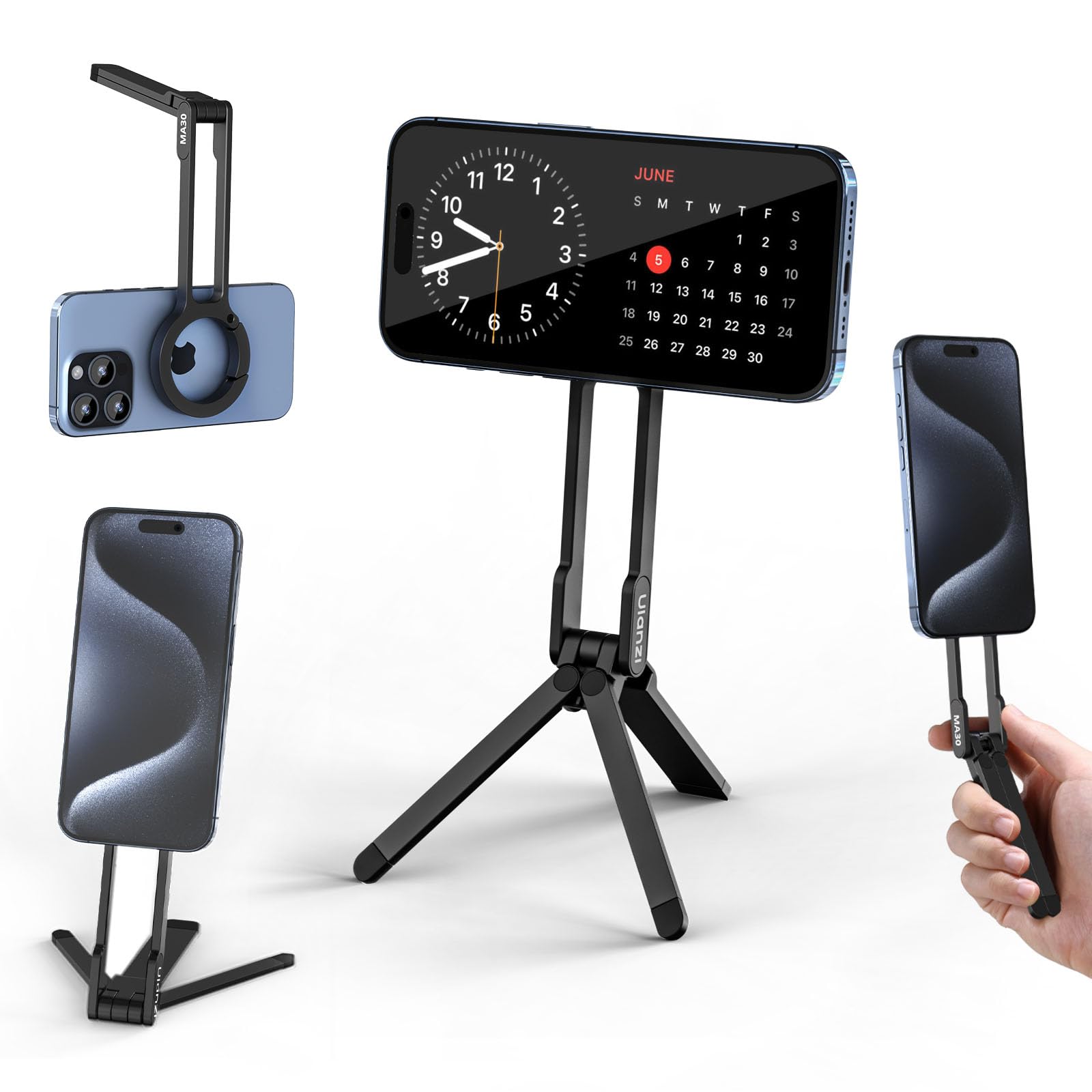 Ulanzi MA30 スマホ三脚 ミニ三脚 全金属製 magsafeに対応 折りたたみ式 持ち運び便利 スタンド＆手持ちモード 360度回転 自撮り棒 スマホスタンド 携帯スタンド 安定 軽量 角度調整可能 横置き/縦置き 卓上三脚 セルフィー/生放送/撮影録画/動画鑑賞に最適 黒