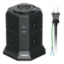 【送料無料】TOPREK 電源タップ 縦型コンセント 延長コード 3m タワー式 電源タップ usb付き コンセントタップ 8個AC口 4個USBポート Type-C付 ダブルスイッチ付き オフィス・会議用 自宅用 過負荷保護 8種類の安全保護 ブラック