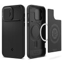 Spigen iPhone14ProMax ケース MagSafe対応 カメラレンズ保護 スライド式 マグネット搭載 レンズカバー マット 仕上げ 二重構造 耐衝撃 カメラ保護 画面保護 傷防止 衝撃 吸収 Qi充電 ワイヤレス充電対応 オプティック・アーマーマグフィット ACS04848 (ブラック)