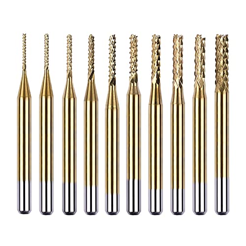 【送料無料】Saipor 10個セット エンドミルセット チタンコーティング セメントカーバイド フライスカッター 1/8インチシャンク 超硬 彫刻ドリルビット PCB 精密加工 CNC ルータービット (0.8-3.175 mm)