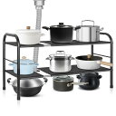 【送料無料】AKOZLIN シンク下伸縮棚 2段 シンクした収納 ラック 幅44-80cm×奥行25×高さ41cm 台所収納下 ラック すきま収納 排水トラップを避けて スペースラック 棚板8枚 横幅・高さ調整可能 簡単組立 ブラック