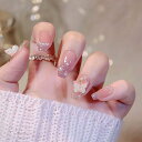 【送料無料】FINGOOO ネイルチップ ロング 24枚入り 両面テープ付き 付け爪 ラウンドチップ ジェルネイル かわいい つけ爪 成人式 春夏 秋冬 和風 (ピンク 蝶, FREE)