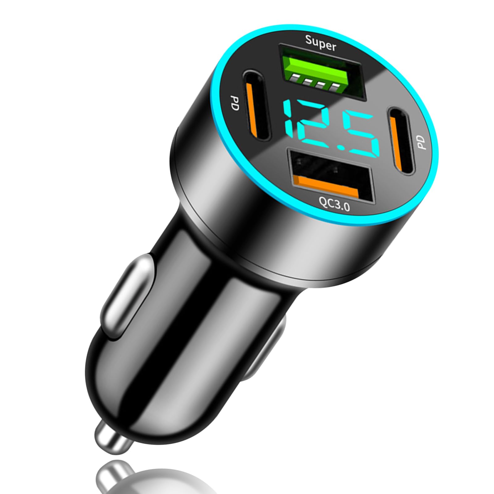 【送料無料】【4in1】YUGYUG 対応 シガーソケット usb 電圧計 シガーソケット 4連 QC3.0ポート+PD 20Wポート+superポート 車載充電器 車 usb LEDデジタルディスプレー シガーソケット usb-c 急速充電 iPhone/iPad/Android各種対応（ブラック)