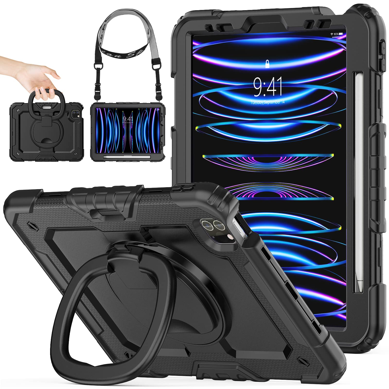 【送料無料】SEYMAC stock iPad pro 11インチiPad Pro 第4/3/2/1世代専用型 リングハンドル耐衝撃ケース ペン収納 ショルダーストラップ 保護フィルム付きフレーム（ブラック）
