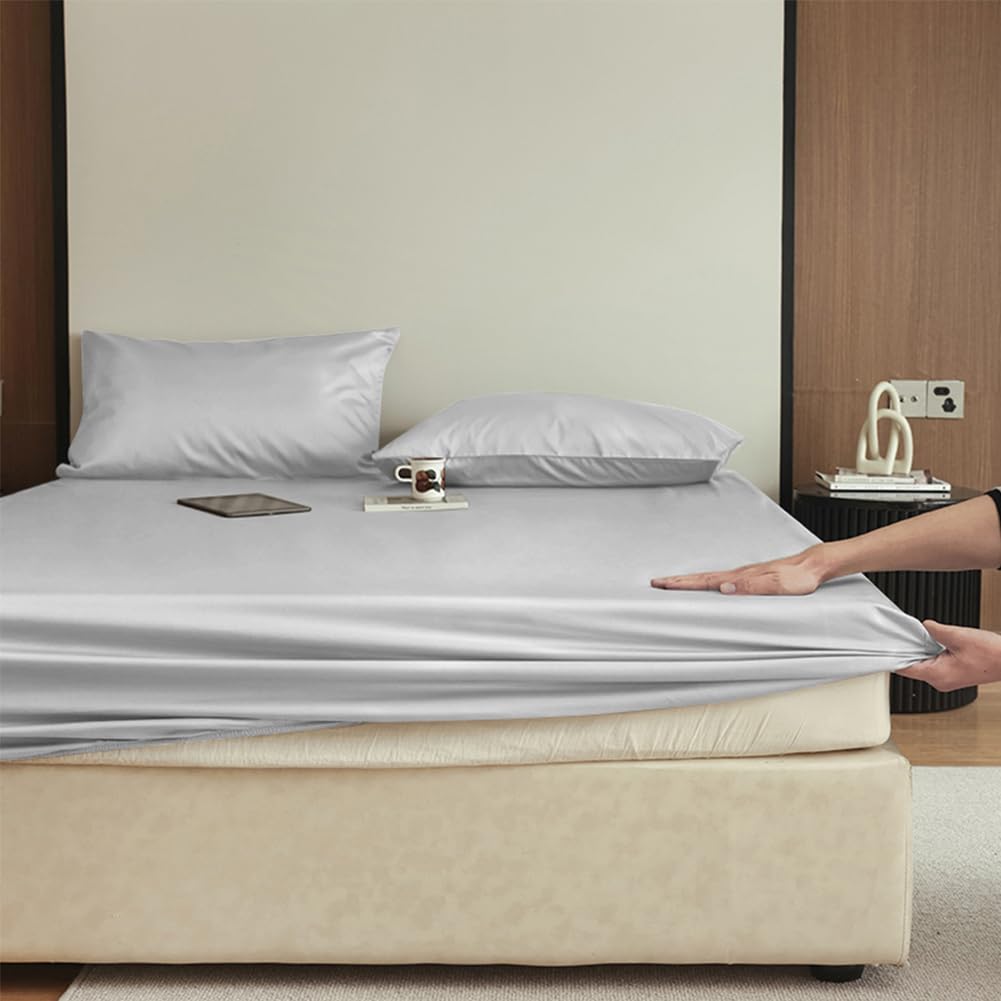 【送料無料】高ボックスシーツ シングル マットレスカバー ベッドシーツ BOXシーツ 綿混 ツルツル 光沢 艶感 ホテル品質 300本高密度生地 シーツ 単品売り 全周ゴム付き 洗える 毛玉なしオールシーズン ベッド/マットレス/敷き布団対応 100×200cm ライトグレー