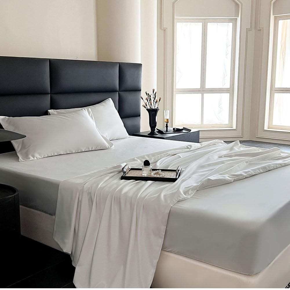 【送料無料】ボックスシーツ シングル 綿100％ サテン織り 100番手双糸 超長綿 400本高密度生地 ホテル仕様 防ダニ ベッドシーツ シーツ マットレスカバー ベッドカバー シルクのような肌触り 北欧 滑らか 柔らかい (100x200x30cm, ホワイト)