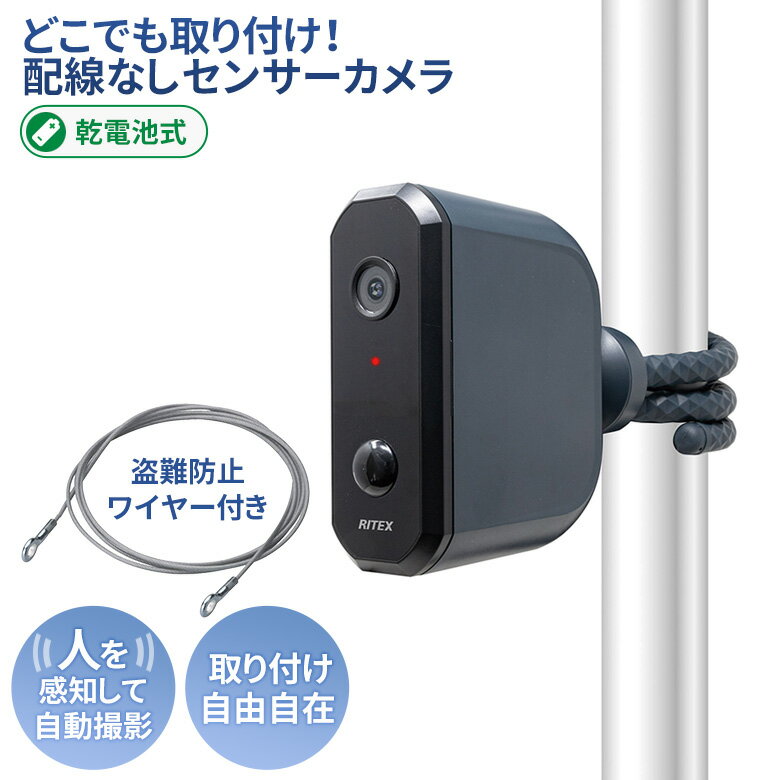 新発売 人感センサー 屋外 防犯カメラ ムサシ RITEX 乾電池式どこでもセンサーカメラ（C-BT7000）＋盗難防止ワイヤー（C-RC7203）セット LED 取り付け簡単 赤外線撮影 動画 静止画 録画 配線不要 玄関 物置 ガレージ セキュリティ 防犯グッズ