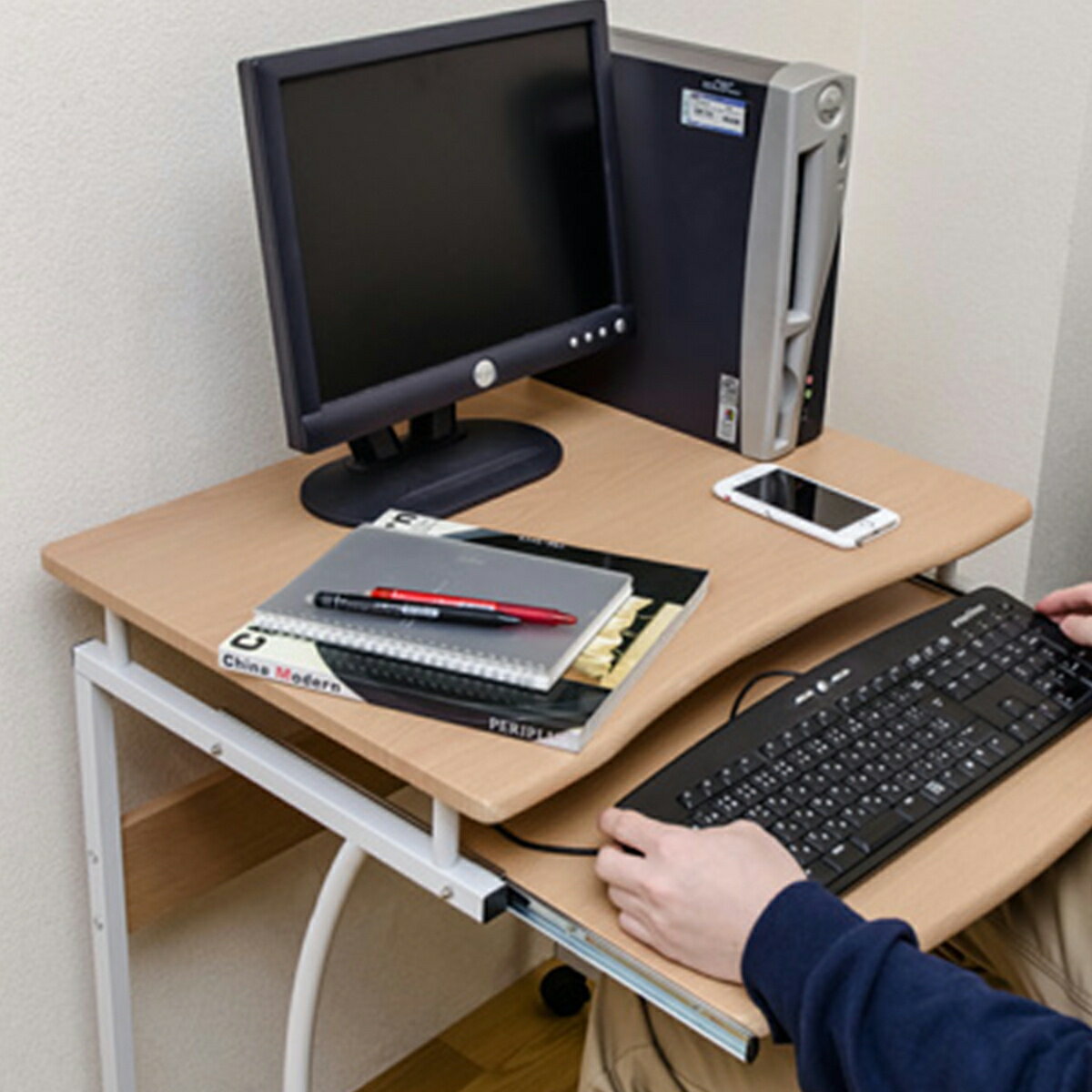パソコンデスク PCデスク コンパクト 省スペース 幅60cm 引き出し スリム シンプルデスク キーボードスライダー キャスター スチール キーボード 机 木目 シンプル [2]