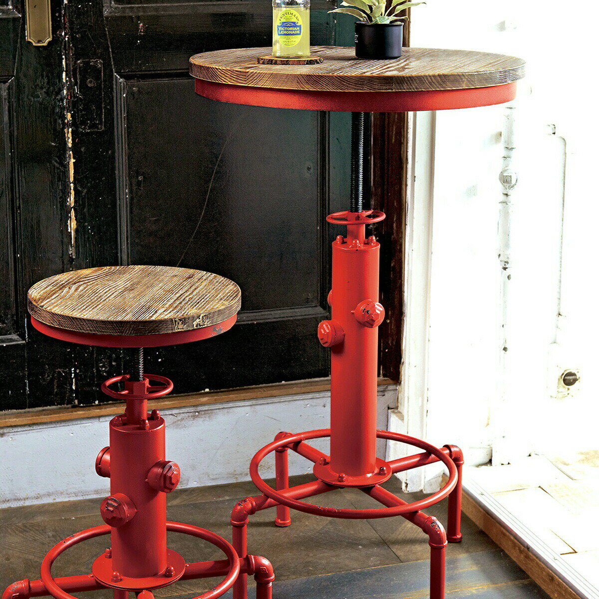 テーブル ヴィンテージ おしゃれ 配管 天然木 ダメージ デザイン デザイナーズ 黒/赤 インダストリアル 高さ調整 カフェ リビング カウンター