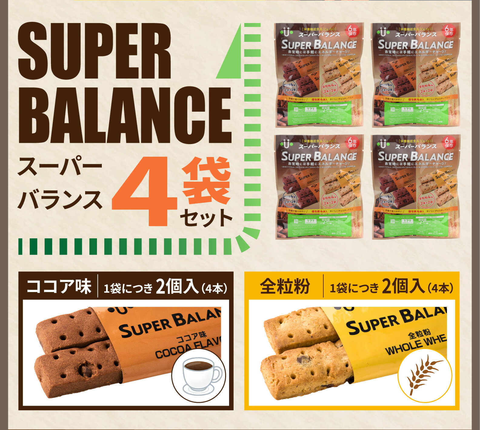 ＼SALE対象10%OFF／ 4袋 セット スーパーバランス 非常食 お菓子 6年保存 クッキー ビスケット おやつ チョコチップ カカオ 全粒粉 保存食 おかし 栄養 機能食品 子供 子ども 防災グッズ 備蓄食 防災用品 長期保存 健康 防災備蓄 保育園 幼稚園 幼児 商店街 景品 非常持出袋