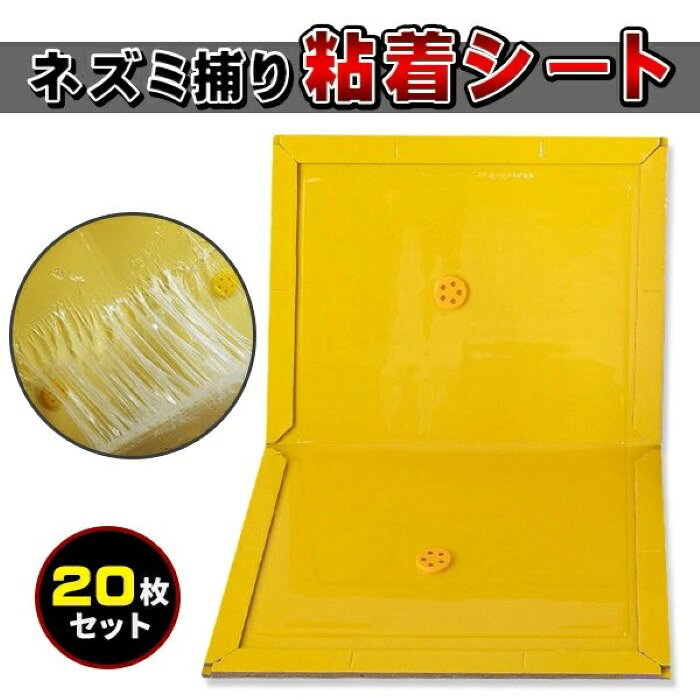 価格帯で探す 〜￥1,000 ￥1,000〜￥2,000 ￥2,000〜￥5,000 ￥5,000〜￥10,000 ￥10,000〜 検索ワード：ネズミ捕り 粘着シート 20枚 セット シート ねずみとり ネズミ 駆除 屋外 大容量 強力 粘着剤 防水 仕掛ける トラップ 害獣 害虫 スズメバチ ムカデ 虫 捕獲 対策プロも使用するネズミ捕りを自分で仕掛けることが出来ます！ ■大容量20枚セット広範囲に仕掛けることが可能で、安く手早く設置 ■場所を選ばない複数パターンの設置方法・そのままシートをひらいておくだけ設置・壁の隙間に沿ってL字状に設置・床下収納や隙間に沿ってU字状に設置・排水溝付近や通り道にトンネル状にして設置 ■強力な粘着剤表面に粘着力抜群のシートでがっちりキャッチ！埃が付いてしまったり、粘着力が弱くなったら、粘着面を一度閉じて開いたら復活します ■捕獲後の処理も簡単紙素材なので、捕獲後は焼却ゴミとして処理できますサイズ210×310mm素材紙　　20枚