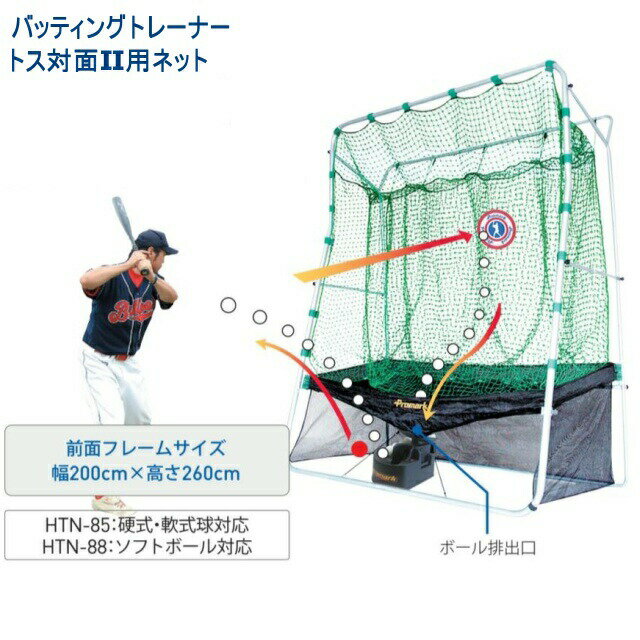 商品情報[ 商品詳細 ] バットスマシーンHT-85トス対面用(別売り)との組み合わせてで連続とスバッティング練習が可能に。 ■軟式ボール用、組み立て式、目標的付 ■組み立て時サイズ：横200×高さ260×奥行99cm ■収納時サイズ：横93.5×縦65.5×厚さ18cm ■重量：22kg ■材質：フレーム/スティール　ネット/ポリエチレン 在庫状況によりお時間を頂く場合がございます。 ※こちらの商品はシートのみですこちらの商品はメーカーの在庫状況をもとに定期的に更新しております。在庫状況は常に変動しておりますのでご注文の商品が在庫切れとなっている場合がございます。その場合は当店からお送りする確認メールにてお知らせいたしますのでご了承ください。 &nbsp; メーカー希望小売価格はメーカーカタログに基づいて掲載しています