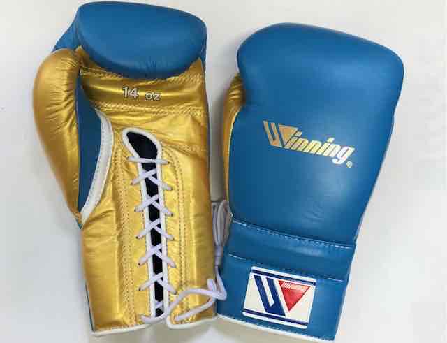 【For individual fighters in JAPAN only】WINNING boxing gloves MS-400 12oz lace up special color SkyBlue x old with special LOGO ウイニング練習用　ボクシング　グローブひも式12オンス（プロタイプ）スカイブルー x ゴールド 特別ロゴ