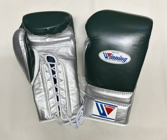 【For individual fighters in JAPAN only】WINNING boxing gloves MS-600 16oz lace up in DARK GREEN x SILVER ウイニング練習用　ボクシング　グローブひも式16オンス（プロタイプ）ダークグリーン x シルバー