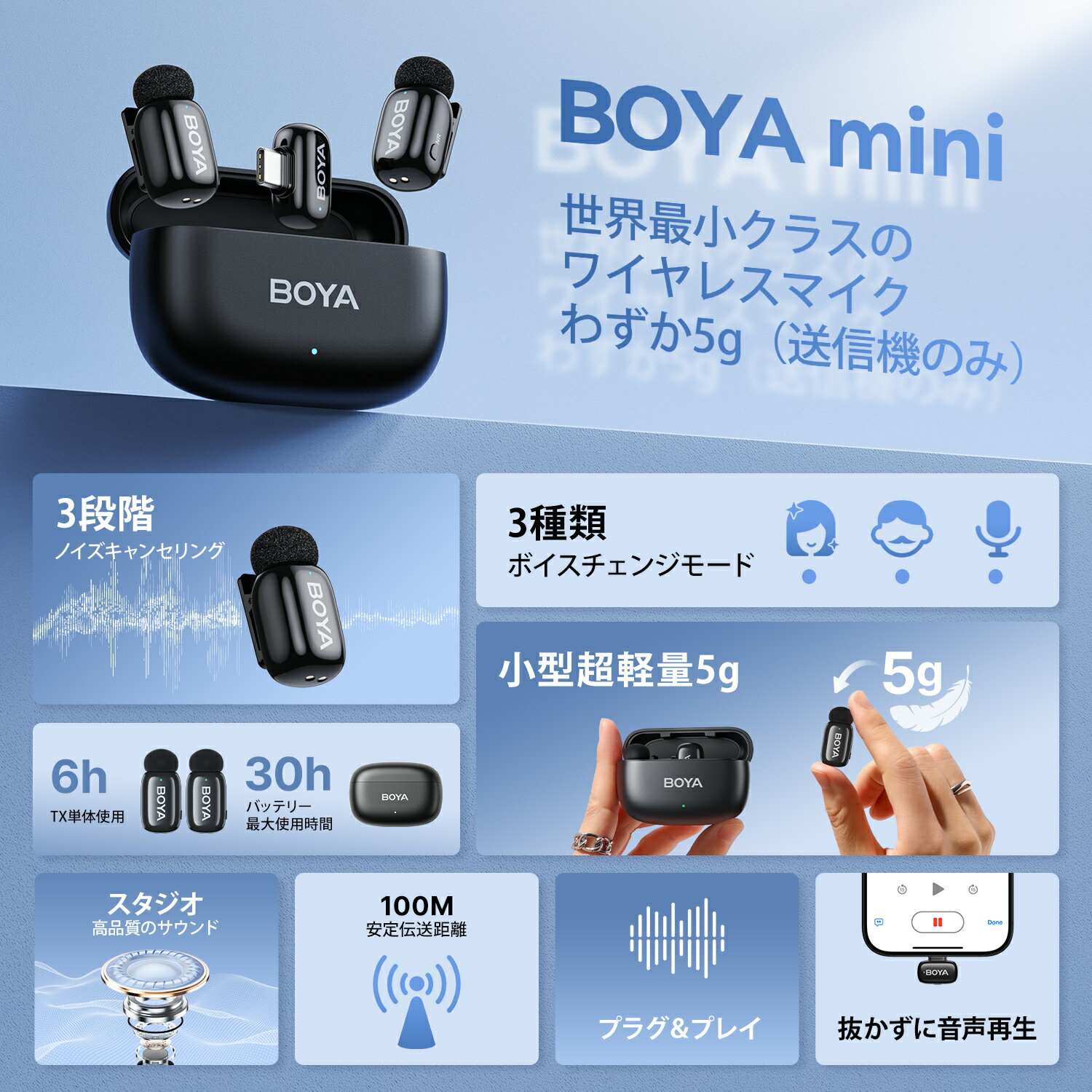 【革新的なAI音声変換】BOYA MINI ワイヤレスマイク ピンマイク 5g超軽量 小型マイク ノイズキャンセリング 二人用 スマホ マイク 100メートル安定伝送 30時間連続使用 プラグ＆プレイ USB-Cマイク iphoneマイク ミニマイク　 YouTube TikTok Vlog 動画撮影 会議 授業 録音 画像2