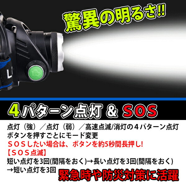 LEDズームヘッドライト LED 800ルーメン 約200m 先まで照らす ヘッドライト フリーサイズ 生活防水 伸縮性 バンド 作業灯 SOS点滅 機能付き 乾電池式 ハンズフリー ライト アウトドア 釣り DIY 工具 自転車ライト 防災用品 非常灯 ◇ DL-HEADライト通販格安セール情報 楽天 通販