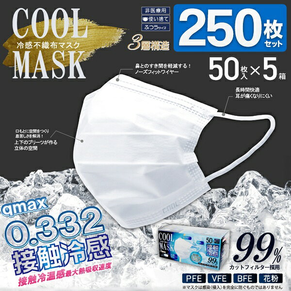 【5箱セット】 不織布マスク ひんやり 冷感 大容量 50枚×5 計250枚入り 立体マスク 大人 普通サイズ 白 ホワイト 3層構造 使い捨て 健康 衛生用品 黄砂 花粉対策 暑さ対策 まとめ買い 送料無料 送料込 80S◇ 冷感不織布マスク5箱 bp-shop-10030096 ベストプライスショップ サンプル画像2