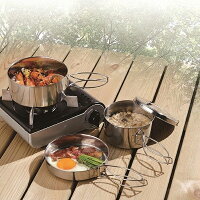 新着!お手軽サイズステンレス調理道具4pcs調理鍋4点セット(鍋大小フライパンフタ兼用お皿)収納袋付き(検索:キャンプアウトドア非常時防災グッツ用品鍋セット釣り飯ごう)【■】◇4点キャンピング鍋